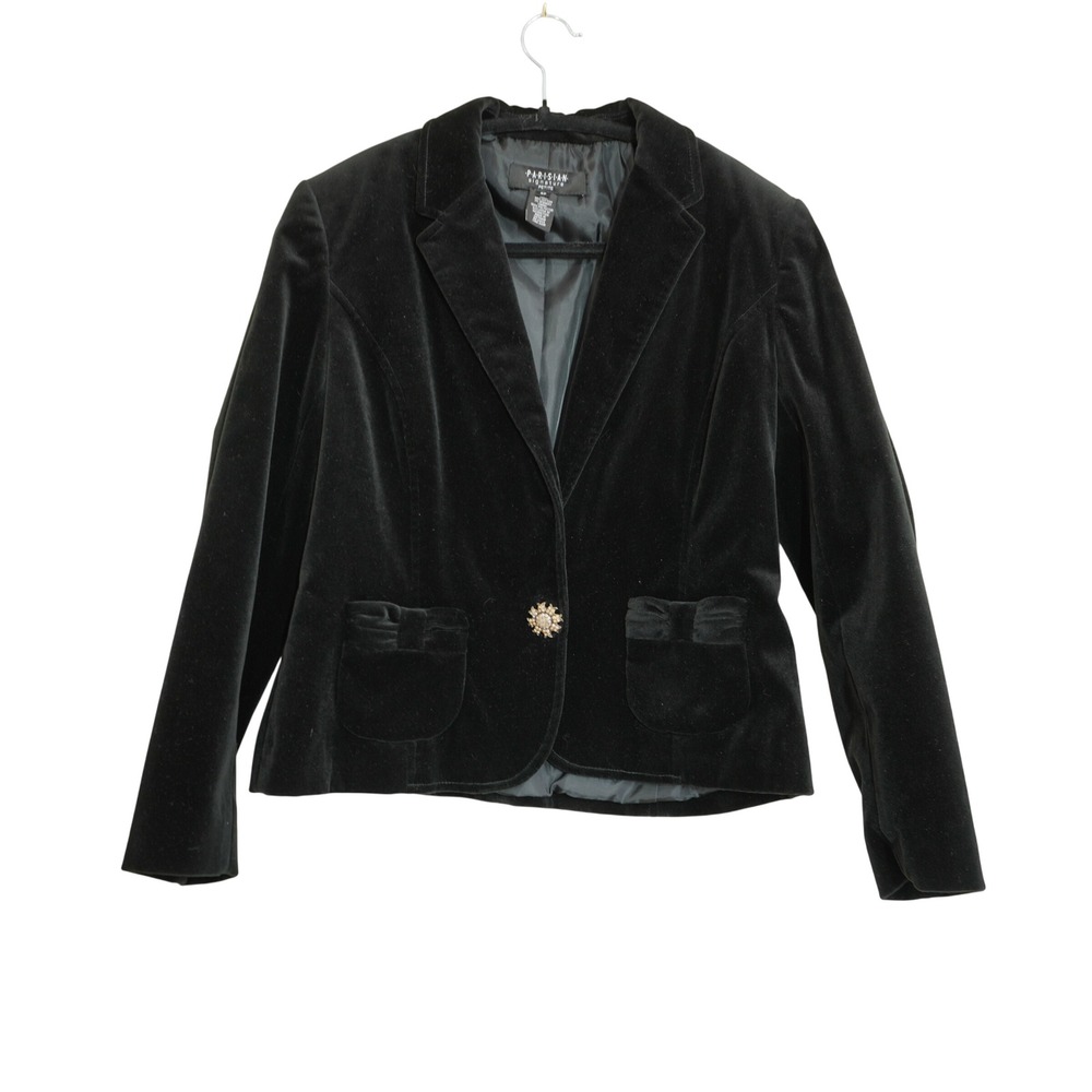 Parisian Signature Petite Black Velvet Blazer Jeweled Button Bow Pockets Artsy